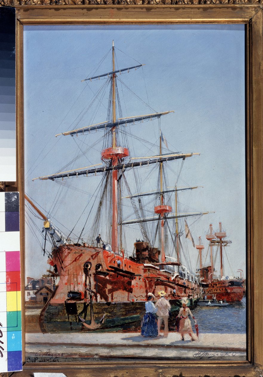 Konstruktion av Admiral Kornilov eskortkryssare i Bretagne. (Byggnaden av den skyddade kryssaren amiral Kornilov i Bretagne). Målning av Nikolai Nikolayevich Gritsenko (1856-1900), olja på trä av Nikolai Nikolaevich Gritsenko