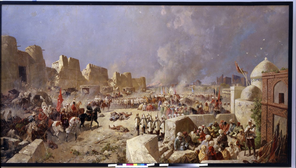 Den ryska armén invaderar Samarkand (Uzbekistan) (Den ryska armén invaderade Samarkand). Period av rysk expansion till Centralasien, ryssarna tar Samarkand 1868. Målning av Nikolai Nikolayevich Karasin (1842-1908), olja på duk 1888. Konst av Nikolai Nikolayevich Karasin
