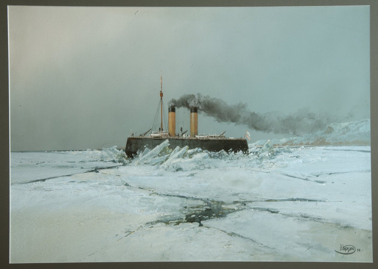 Det ryska isbrytarskeppet Iermak (Icebreaker Yermak) - Verk av Nikolai Nikolayevich Karasin (1842-1908), akvarell och vitt på papper (45,4x76 cm) av Nikolai Nikolayevich Karasin