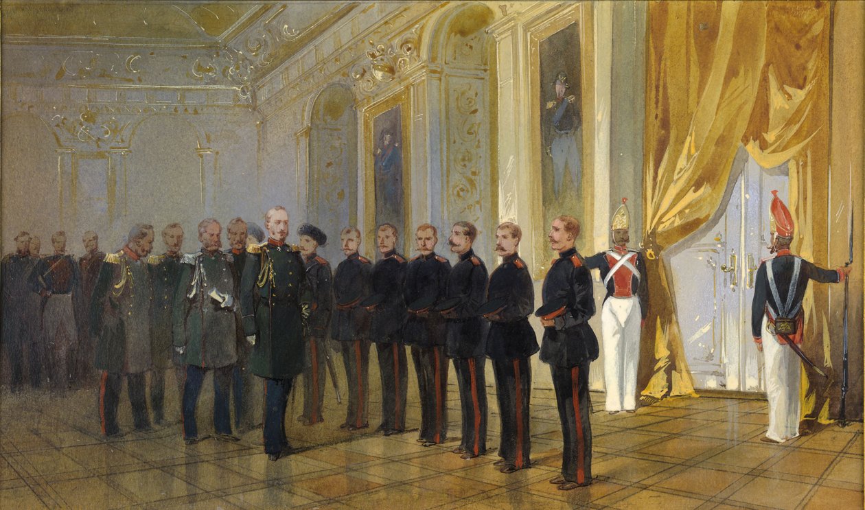 Presentationen av det sibiriska kosackregementet för kejsar Nicholas I... 1833, 1891. av Nikolai Nikolayevich Karasin