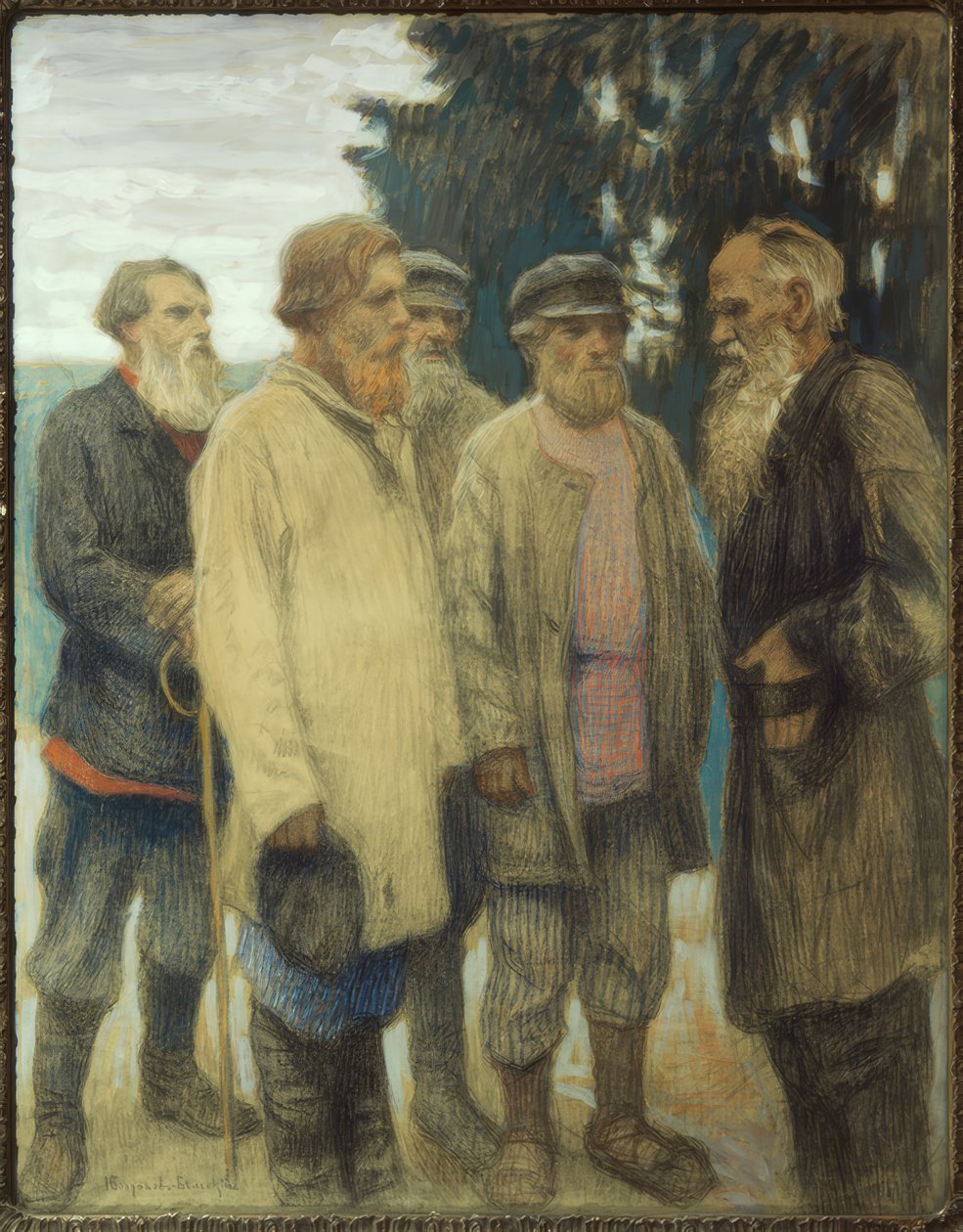 Leo Tolstoj med bönder / pastell av Bogdanow-Bjelski av Nikolai P. Bogdanow Bjelski