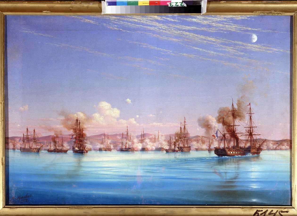 Bombningen av Sebastopol av den fransk-brittiska skvadronen 1854. (Bombardementet av Sevastopol från den brittiska franska skvadronen 1854). Avsnitt av belägringen av staden från 1854 till 1855, under Krimkriget mellan koalitionen av ottomanska imperier, f av Nikolai Pavlovich Krasovsky