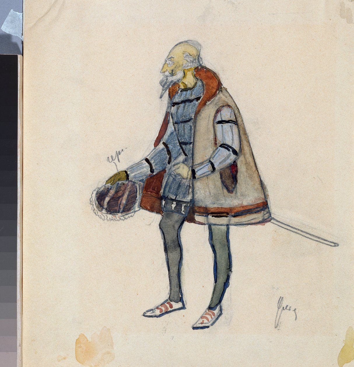 Förberedande kostym, The Miserly Knight, för teaterpjäsen ""The Avare Knight"" av Alexander Pushkin (1799-1837) (Dräktdesign för teaterpjäsen The Miserly Knight av A Pushkin) - Verk av Nikolai Pavlovich Ulyanov (Ulyanov) ( 1875-1949), cra av Nikolai Pavlovich Ulyanov