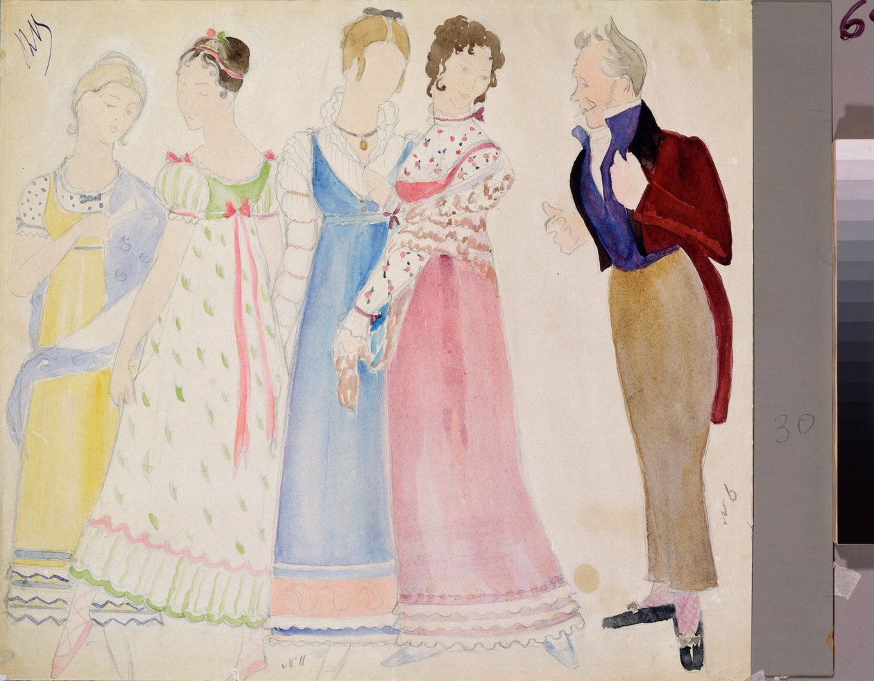 Förberedande kostymer, en man och fyra unga kvinnor, för operan ""Eugene Oneguine"" av Piotr Tchaikovsky (1840-1893) (Dräktdesign för operan Eugene Onegin av P Tchaikovsky) - Verk av Nikolai Pavlovich Ulyanov (Oulianov) (1875) -1949), krita och av Nikolai Pavlovich Ulyanov