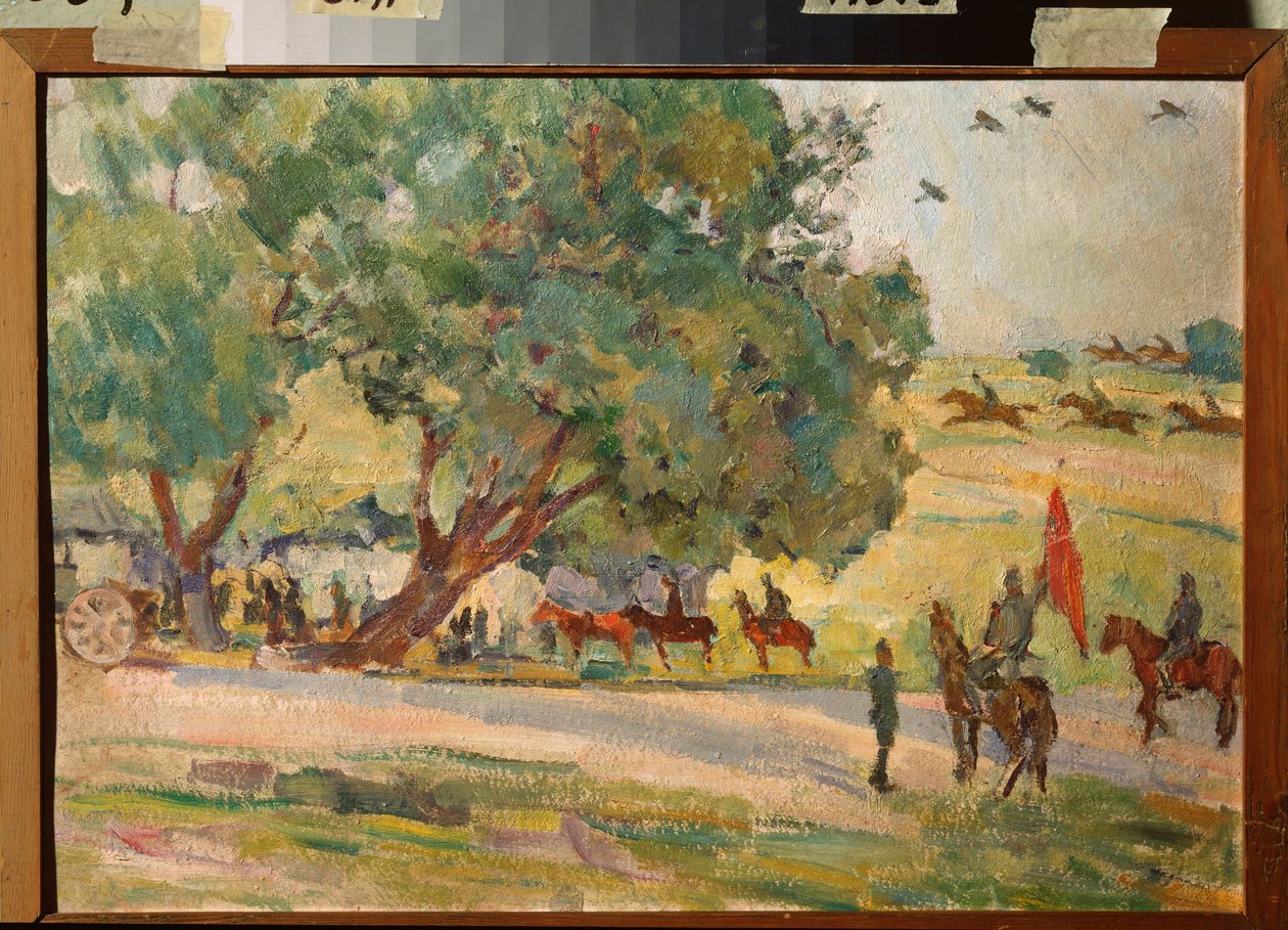 Militära manövrar i närheten av Moskva (Manövrar nära Moskva) - Verk av Nikolai Pavlovich Ulyanov (Ulianov) (1875-1949), olja på kartong av Nikolai Pavlovich Ulyanov