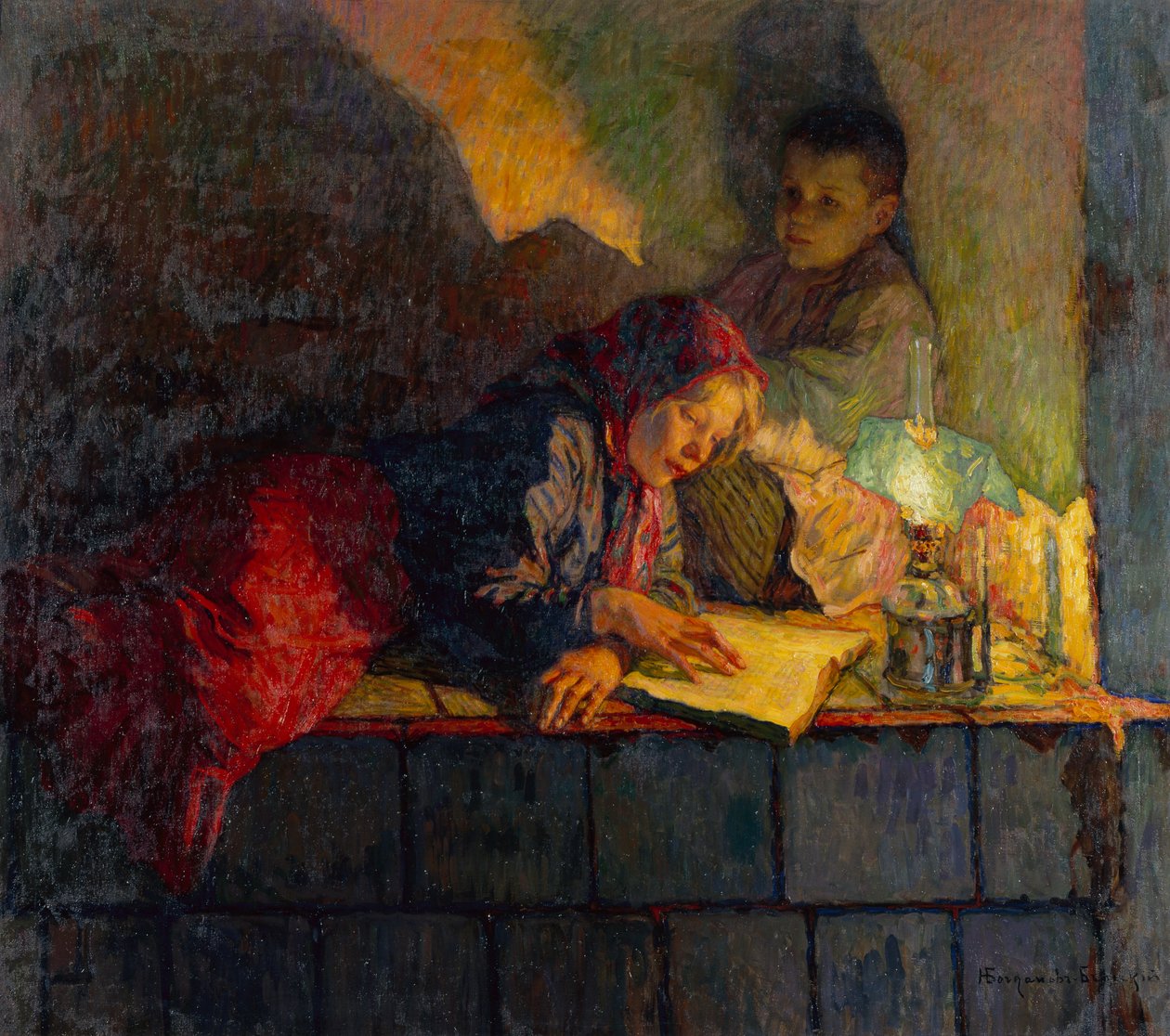 Barn som läser med levande ljus (olja på duk) av Nikolai Petrovich Bogdanov Belsky