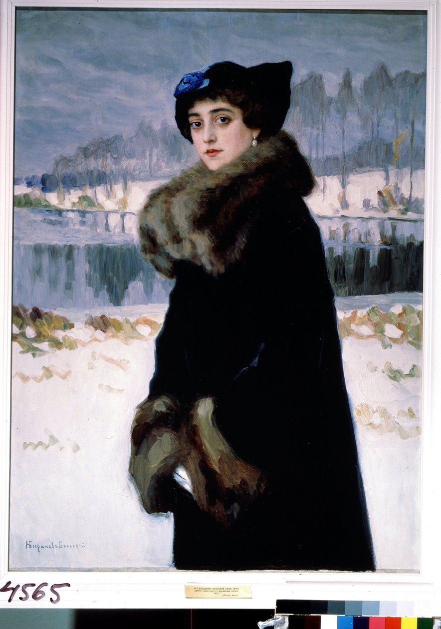Portrait de la ballerina Lyudmila Mesaksudi Barash (Porträtt av balettdansösen Lyudmila Mesaksudi Barash). Peinture av Nikolai Petrovich Bogdanov Belsky (Bogdanov-Belsky) (Bogdanov Belski) (Bogdanov-Belski) (1868-1945). Tempera sur toile av Nikolai Petrovich Bogdanov Belsky