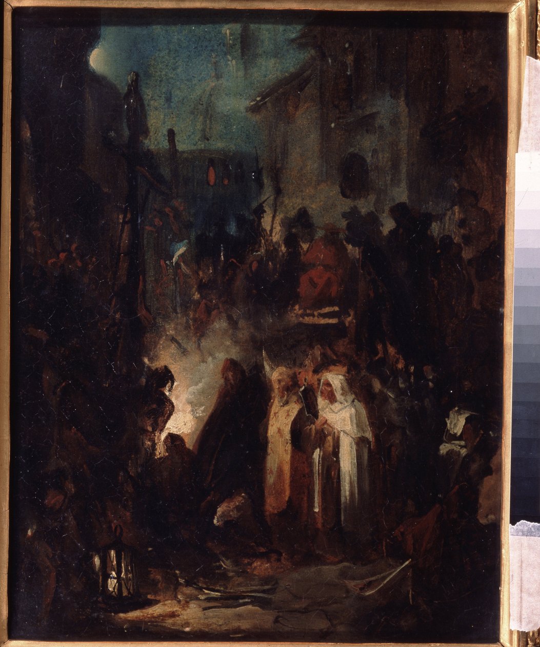 Autodafe (Autodafe). Gatubild, på natten, efter dom av inkvisitionsdomstolen, samlas folkmassan och kyrkligheten runt elden. Verk av Nikolai Petrovich Lomtev (1816-1859), olja på kartong. rysk konst av Nikolai Petrovich Lomtev