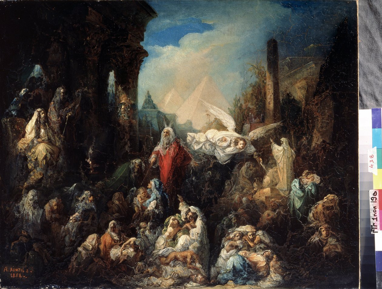 Dödens ängel dödar förstfödda egyptier. En av de tio plågor som Gud tillfogar Egypten för att övertyga Farao att befria Israels folk, detta straff för den förstföddas död förintar av Nikolai Petrovich Lomtev