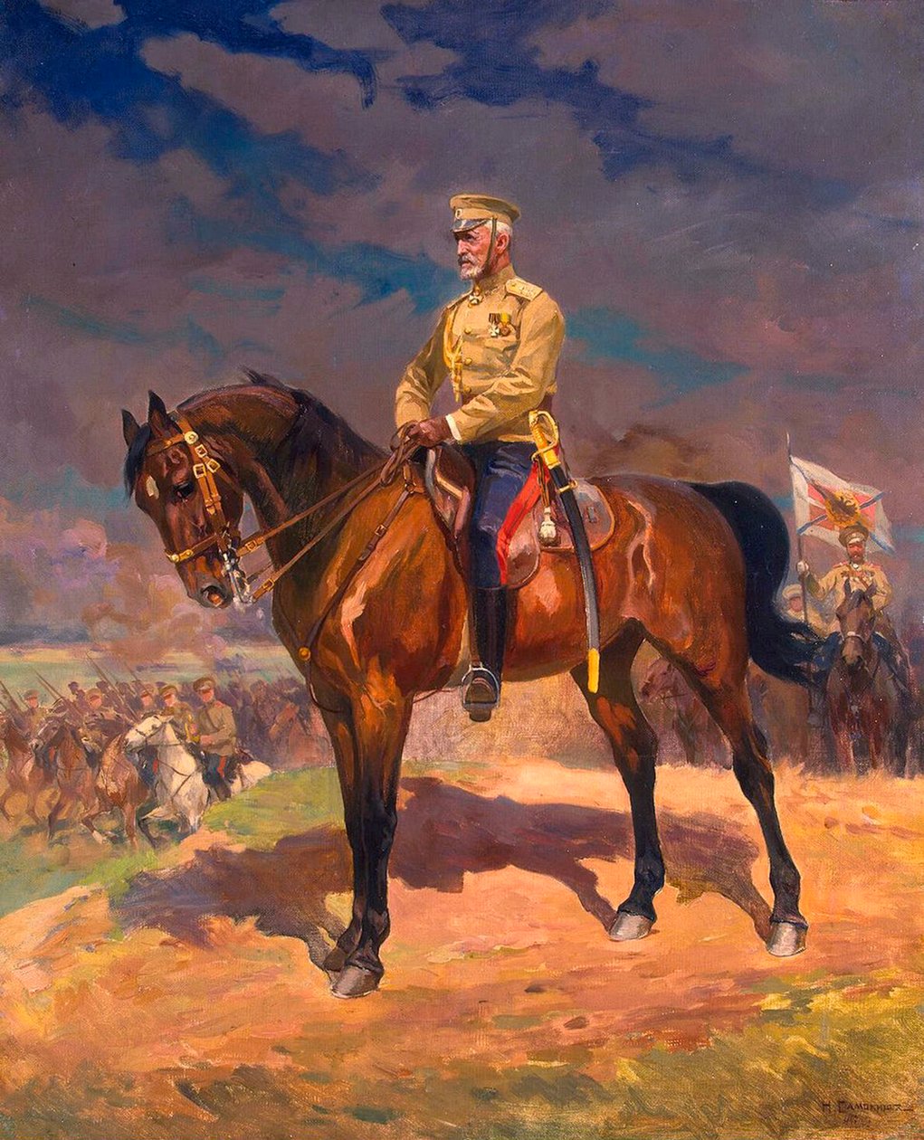 Porträtt av storhertig Nikolaj Nikolajevitj 1856–1929 till häst, 1910-talet. av Nikolai Semyonovich Samokish