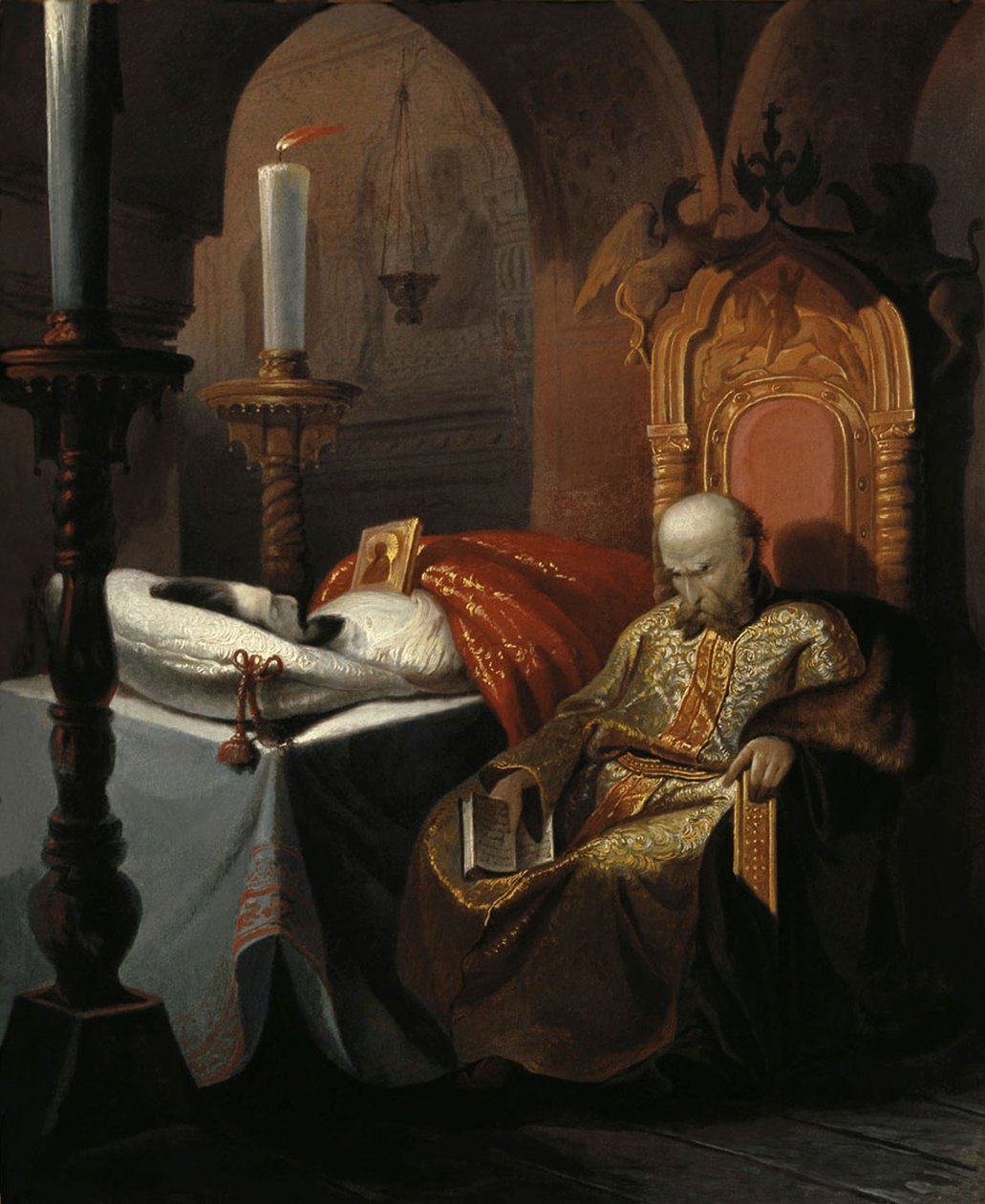 Ivan den förskräcklige och hans son Ivan fredagen den 16 november 1581, 1860-talet. av Nikolai Semyonovich Shustov