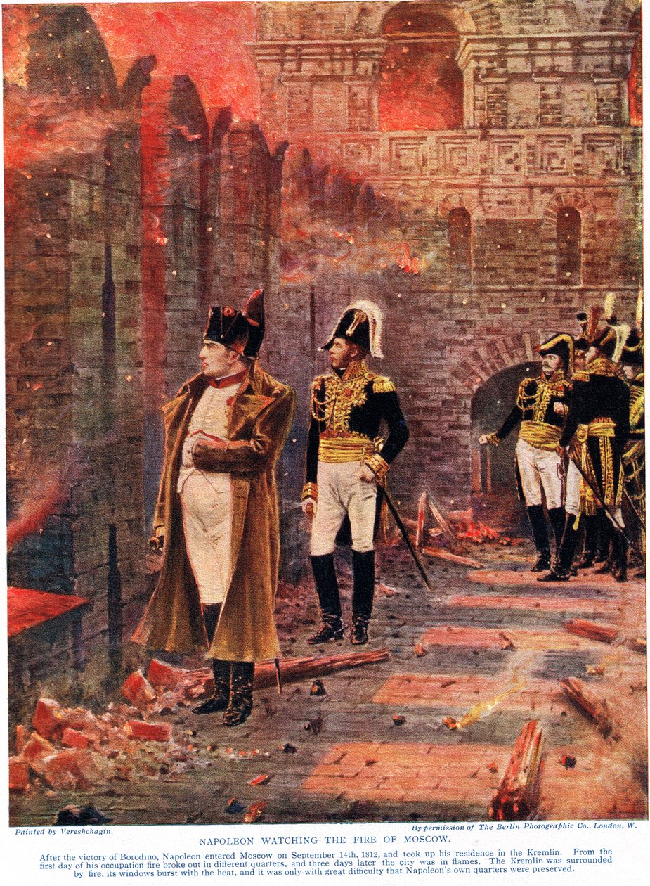 Napoleon tittar på branden i Moskva, illustration från "Hutchinsons History of the Nations", ca 1910 av Nikolai Stepanovich Vereshchagin