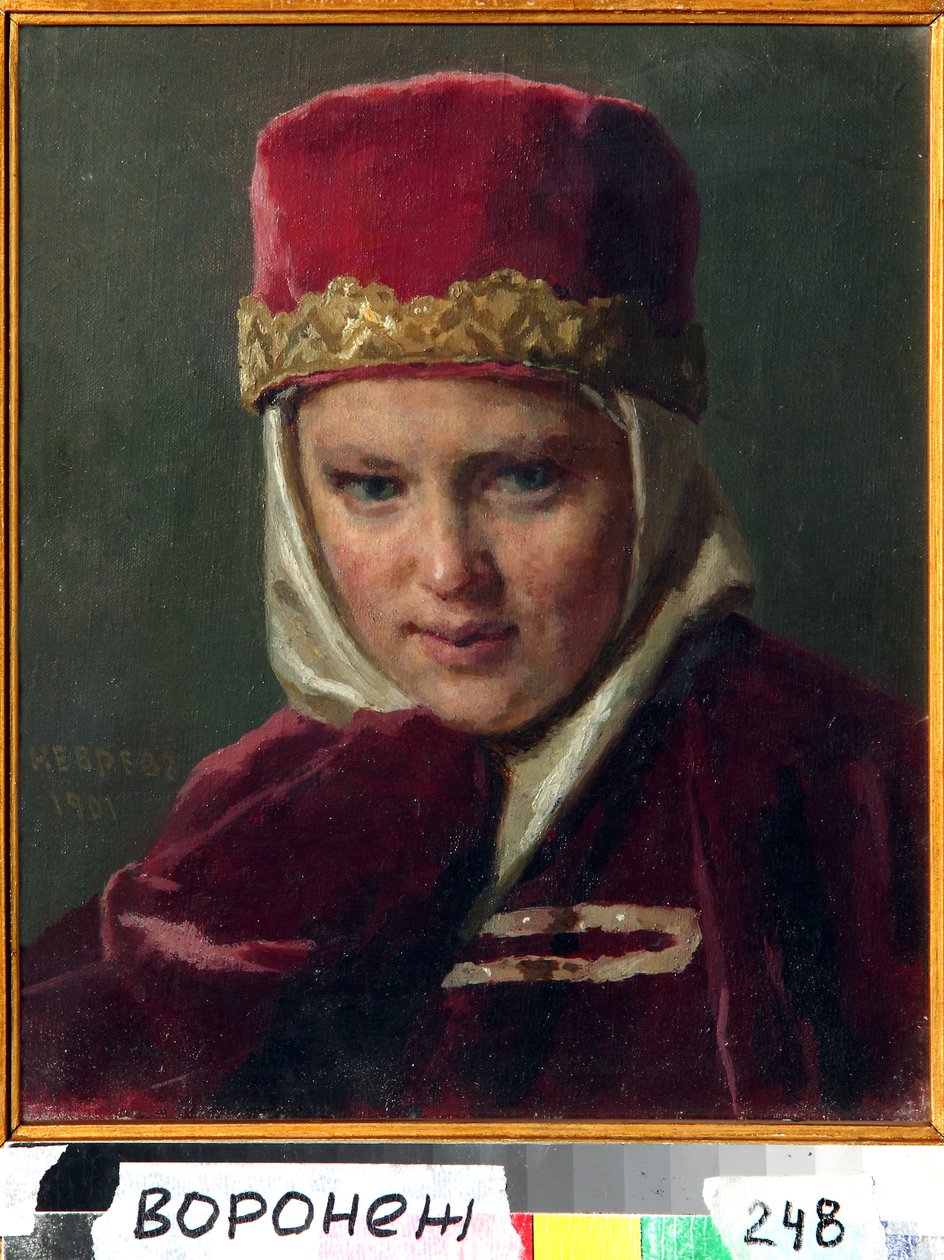 Boyar Woman (boiard, boiar) (Boyars fru). Bär traditionella kläder från gamla Ryssland, i storfurstendömet Moskva. Målning av Nikolai Vasilyevich Nevrev (1830-1904), olja på duk av Nikolai Vasilievich Nevrev