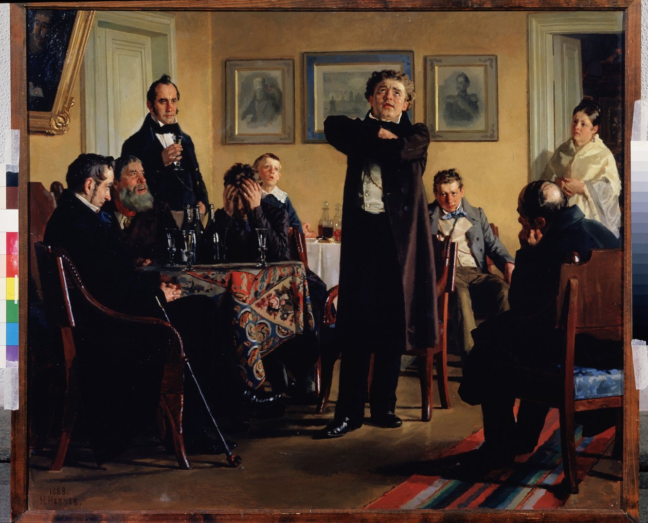 Skådespelaren Pavel Mochalov (1808-1848) omger sina beundrare. (Skådespelaren P. Mochalov bland hans fans). Han anses vara den största tragedianen i det romantiska Ryssland och tolkar en roll i en privat salong, åskådarna uppmärksamma och tagna av känslor av Nikolai Vasilievich Nevrev