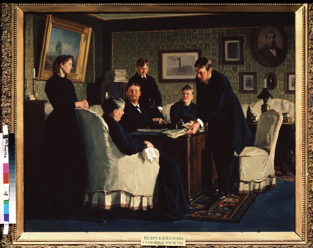 Familjens konton. Målning av Nikolai Vasilyevich Nevrev (1830-1904), olja på duk av Nikolai Vasilievich Nevrev