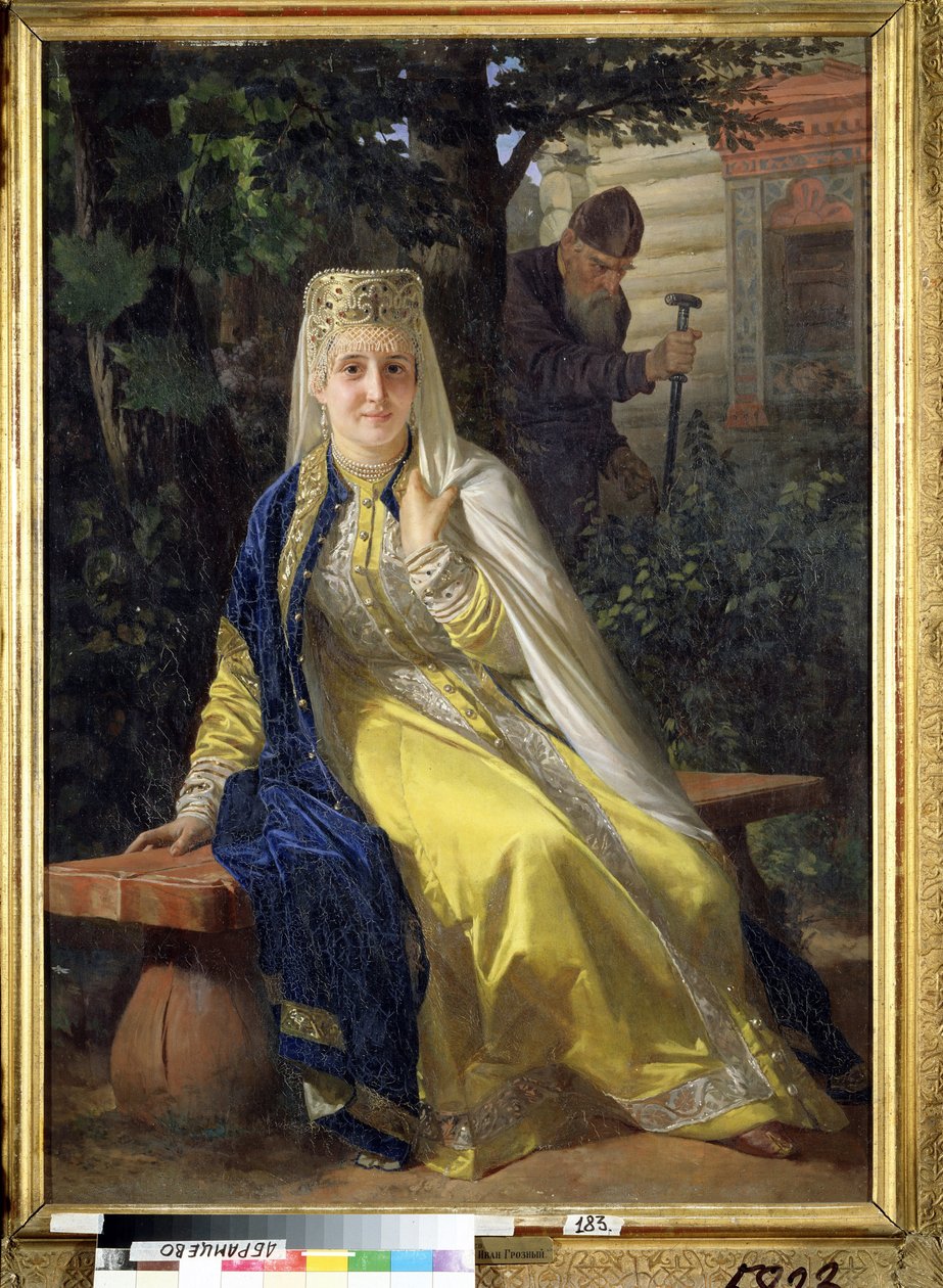 Vassilisa Melentieva (död 1579) och tsar Ivan IV den förskräcklige (1530-1584) (Vasilisa Melentyevna och tsaren Ivan den förskräcklige). Sjätte hustru till tsaren av Ryssland, innan hon dömdes inlåst på livstid i ett kloster av sin man när han av Nikolai Vasilievich Nevrev