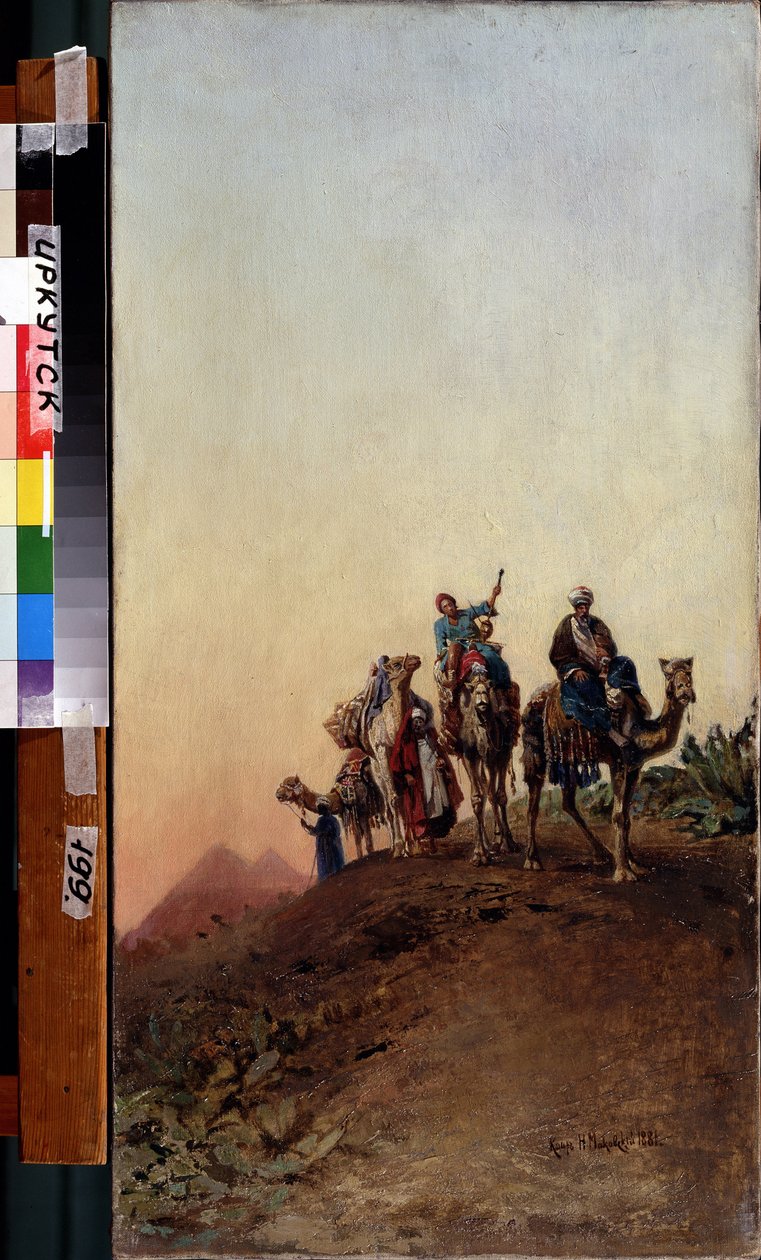 Kameler nära Giza-pyramiderna (Gizeh, Gizeh, Giza) (Kairo, Egypten). (Kameler nära pyramiderna). Målning av Nikolai Yegorovich Makovsky (1842-1886), olja på duk av Nikolai Yegorovich Makovsky