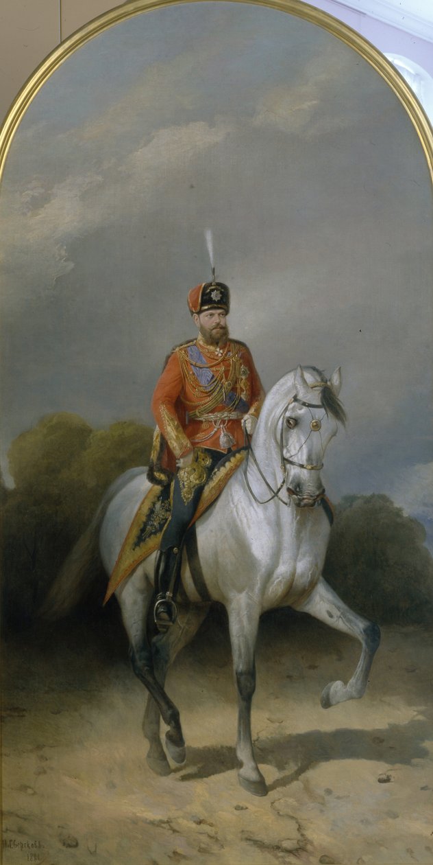 Porträtt av kejsar Alexander III 1845-1894 i uniformen av Leibgardets husarregemente, 1881 av Nikolai Yegorovich Sverchkov