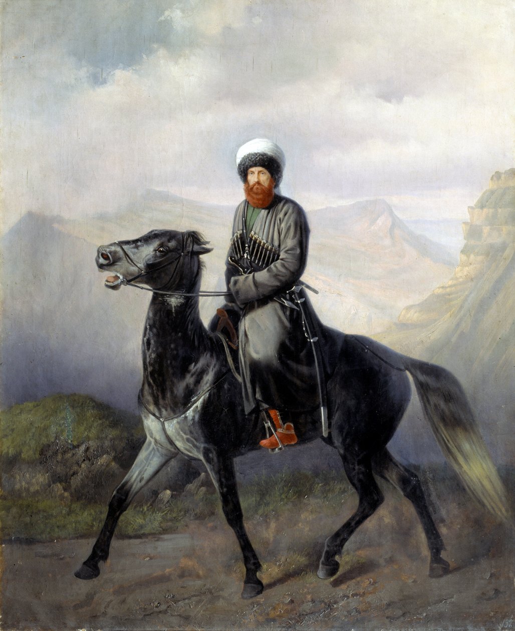 Portrait equestre de Chamil (Imam Chamil, Shamil) (1797-1871), chef des tribus musulmanes du Caucase nord (Porträtt av den politiska och religiösa ledaren för de muslimska stammarna i norra Kaukasus Imam Shamil) - Peinture de Nikolai Yegorovich Sverchov av Nikolai Yegorovich Sverchov