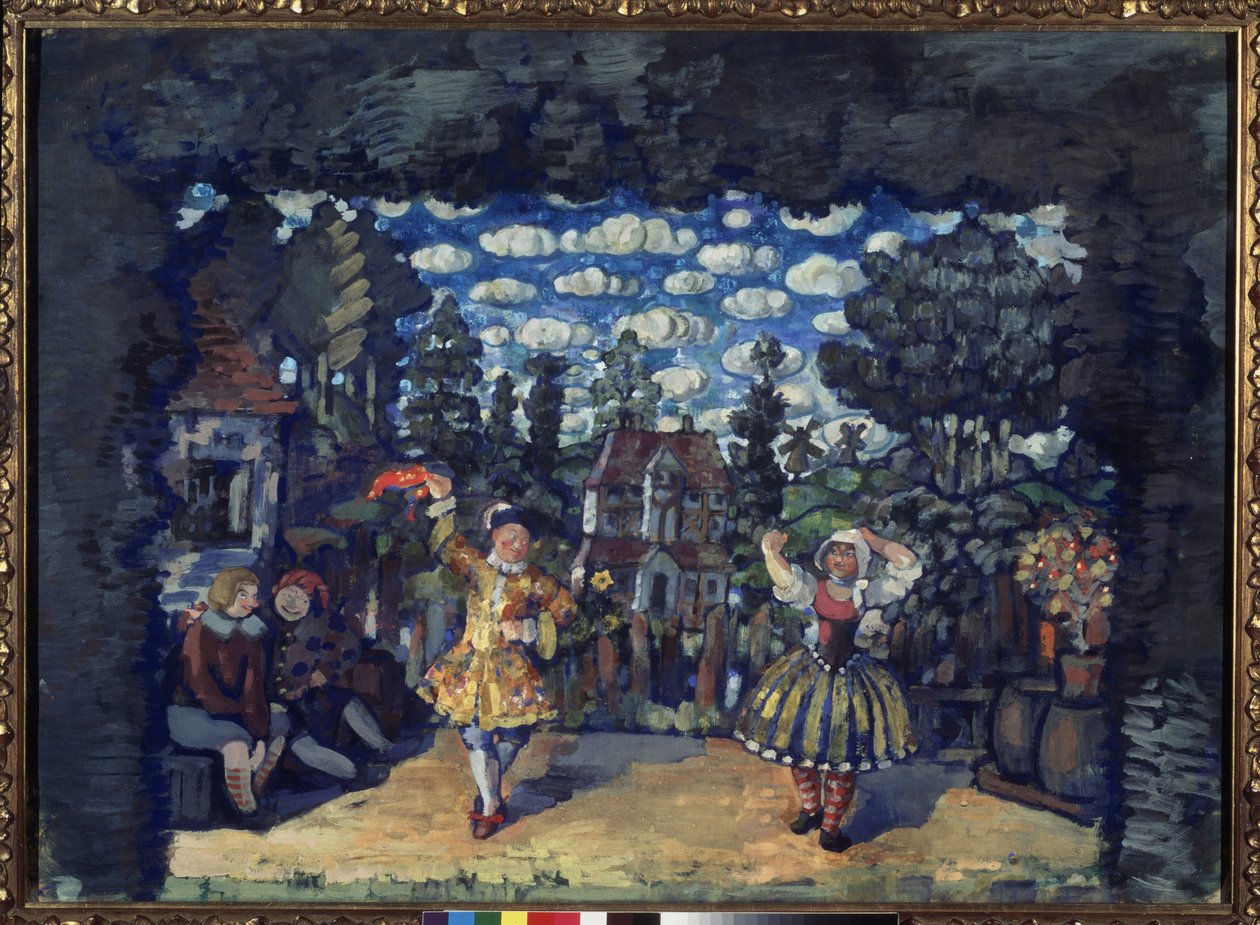 Hotell vid Green Bull. Förberedande dekor för pjäsen ""holländska Lisa"" av Mikhail Kouzmin (1875-1936). Verk av Nikolai Nikolayevich Sapunov (Sapunov) (1880-1912), tempera på kartong av Nikolaj Nikolaevic Sapunov