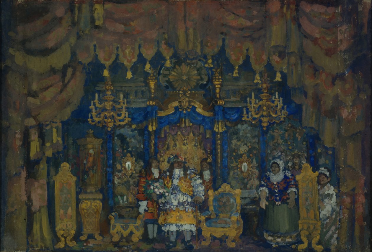 Jourdains rum. Scenografi för teaterpjäsen En borgerlig som adelsman av J.-B. Molière, 1911 av Nikolaj Nikolaevic Sapunov