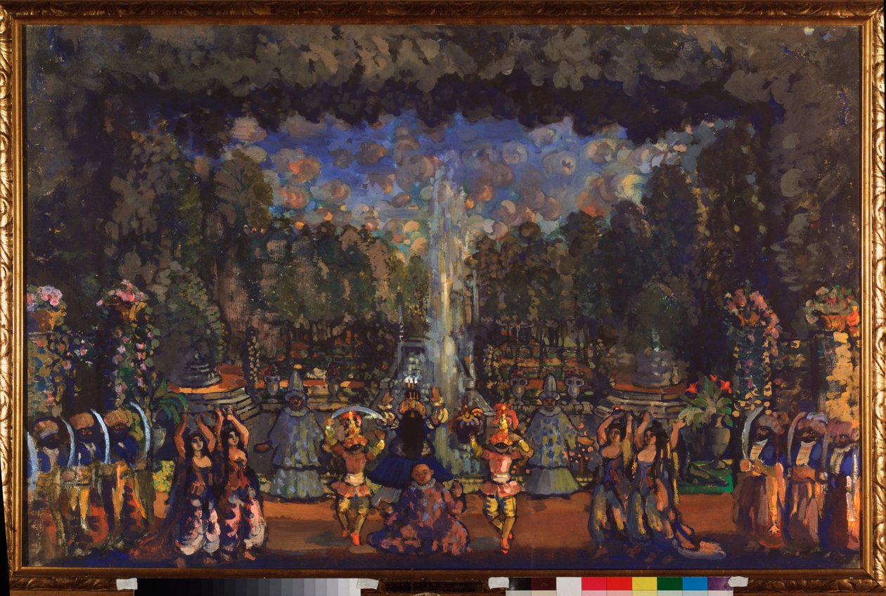 Den turkiska ceremonin. Förberedande dekor till pjäsen ""Le bourgeois gentilhomme"" av Moliere (1622-1673). Verk av Nikolai Nikolayevich Sapunov (Sapunov) (1880-1912), tempera på duk av Nikolaj Nikolaevic Sapunov