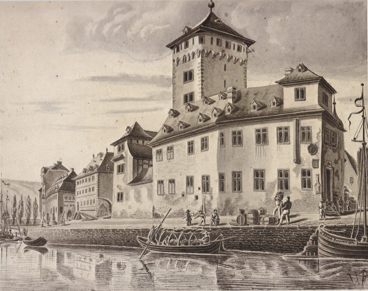 Slott - Rhenfronten av valslottet i Boppard omkring 1854 av Nikolaus Schlad