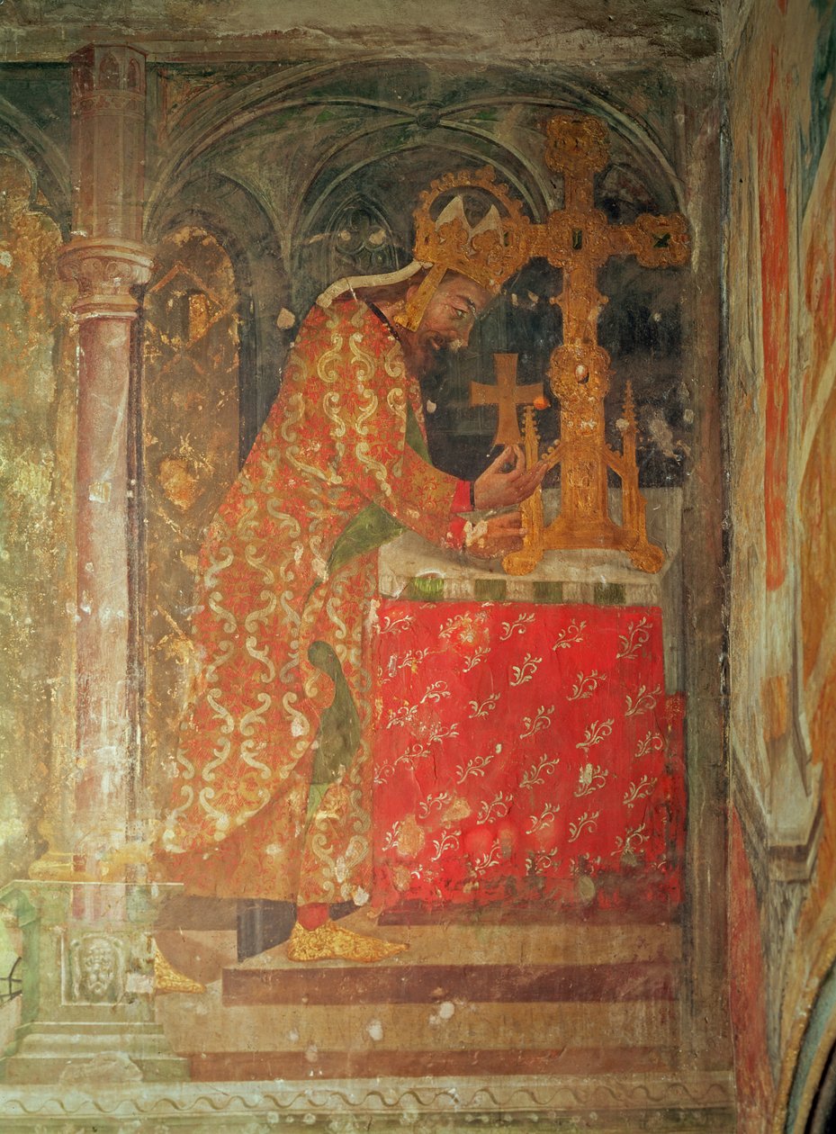Den helige romerske kejsaren Karl IV placerar reliken av taggen från Kristi krona i ett relikvieskrin, från Vår Frus kapell, 1357-60 (se även 204541 och 204544) av Nikolaus Wurmser