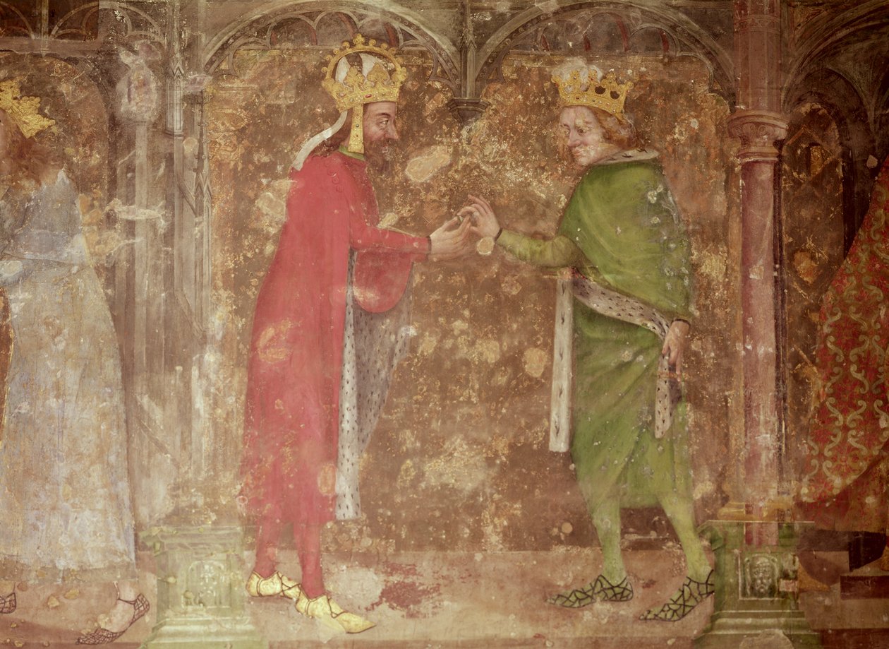 Den heliga romerska kejsaren Karl IV tar emot en tagg från Kristi krona av den franske kungen Jean II, från Vår Fruas kapell, 1357-60 (se även 204544 och 397961). av Nikolaus Wurmser