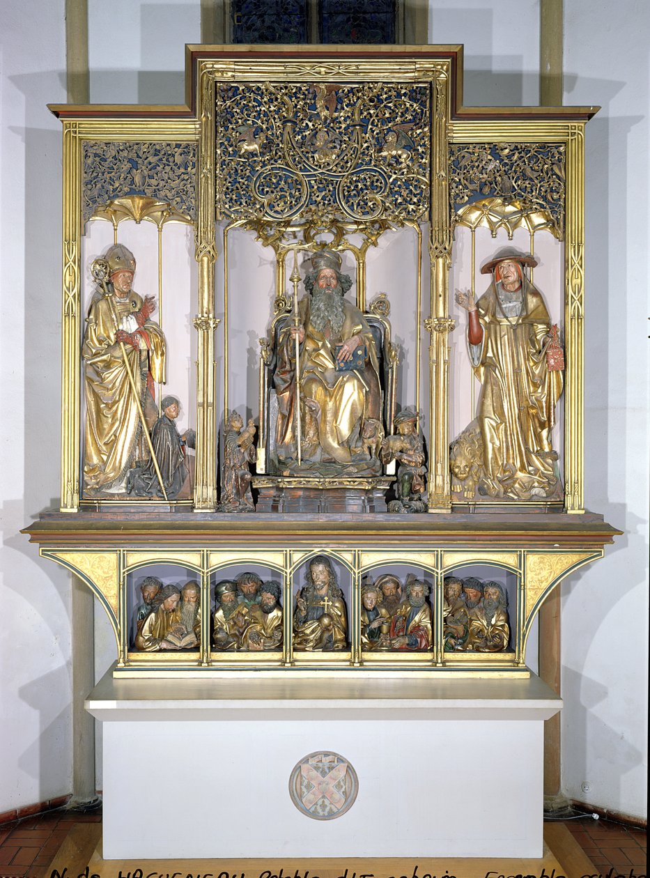 Grupp av träskulpturer, från Isenheim-altaruppsatsen, ca 1490 (förgyllt trä) av Nikolaus Hagenauer