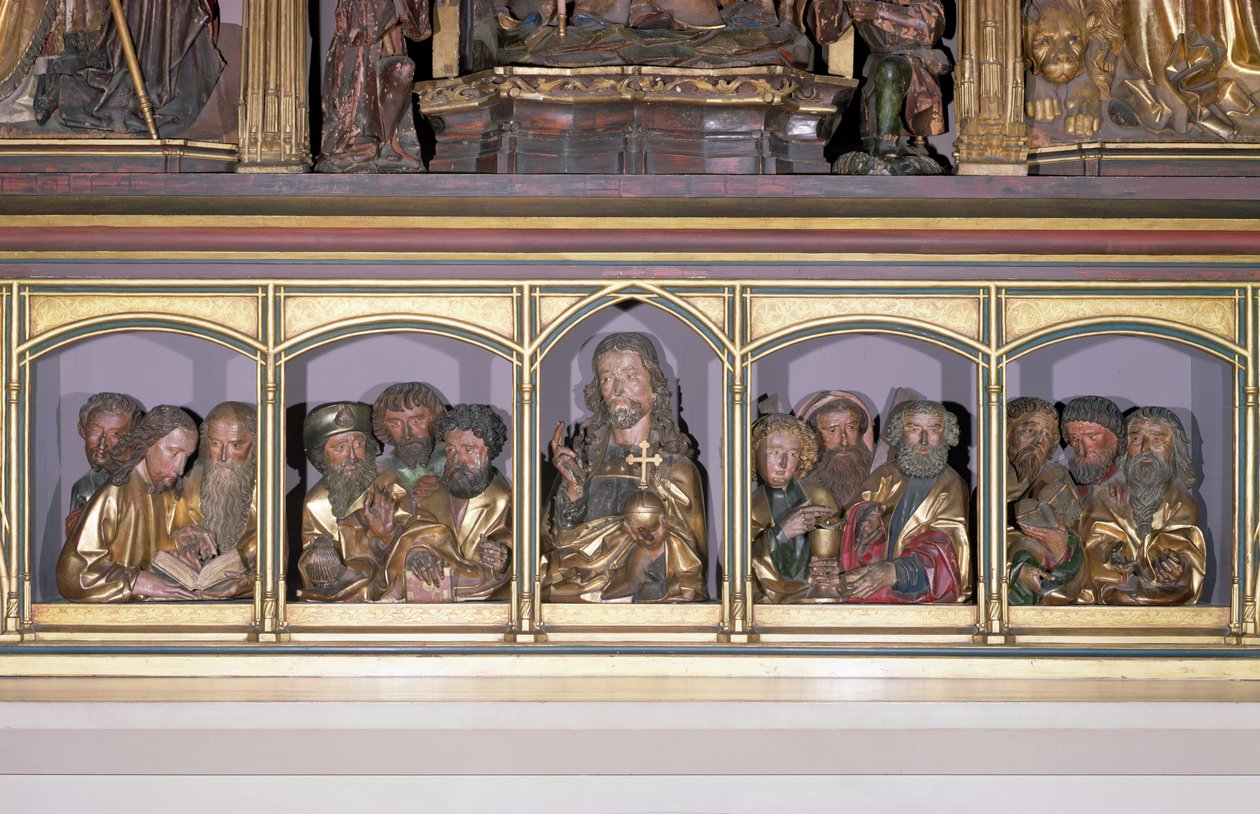 Träsniderier av Kristus och de tolv apostlarna, från predellan av retablen till Isenheim-altartavlan, ca 1490 (målat trä) av Nikolaus Hagenauer