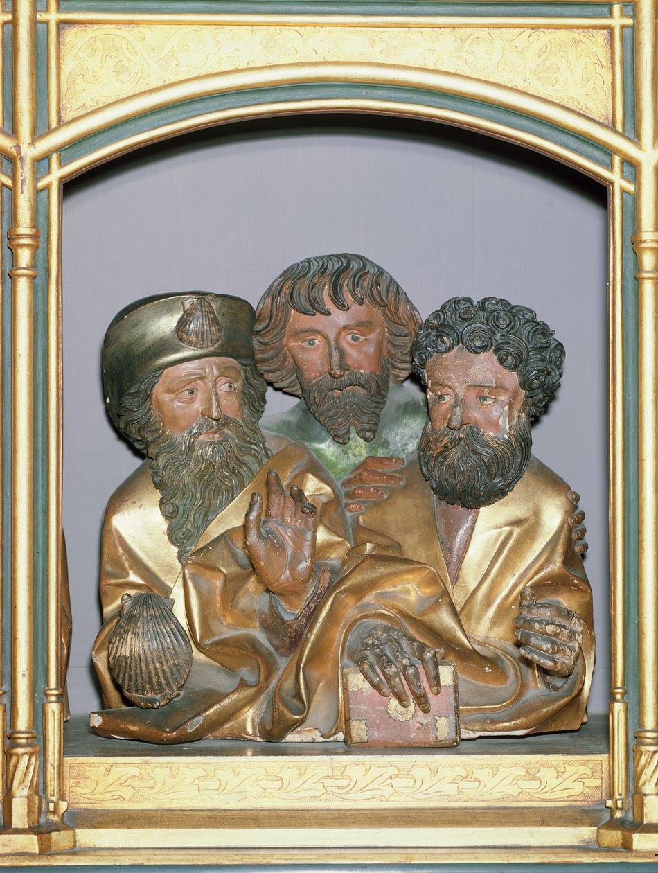 Träsniderier av Jakob den store, Simon och Thaddeus, från predella i Isenheim-altartavlan, ca 1490 (målat trä) av Nikolaus Hagenauer
