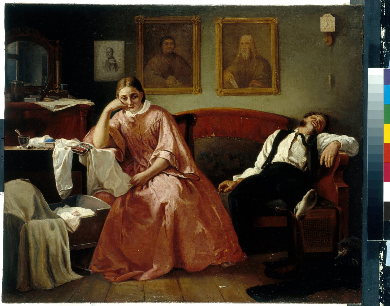 Den första månaden (scen från familjelivet, ett trött ungt par försmäktar nära vaggan av sin beeb) (den första i månaden) - Målning av Nikolai Andreyevich Koshelev (1840-1918), olja på duk (61,4x73,6 cm) ) - Statens Tretjakovgalleri, Mosco av Nikolay Andreyevich Koshelev