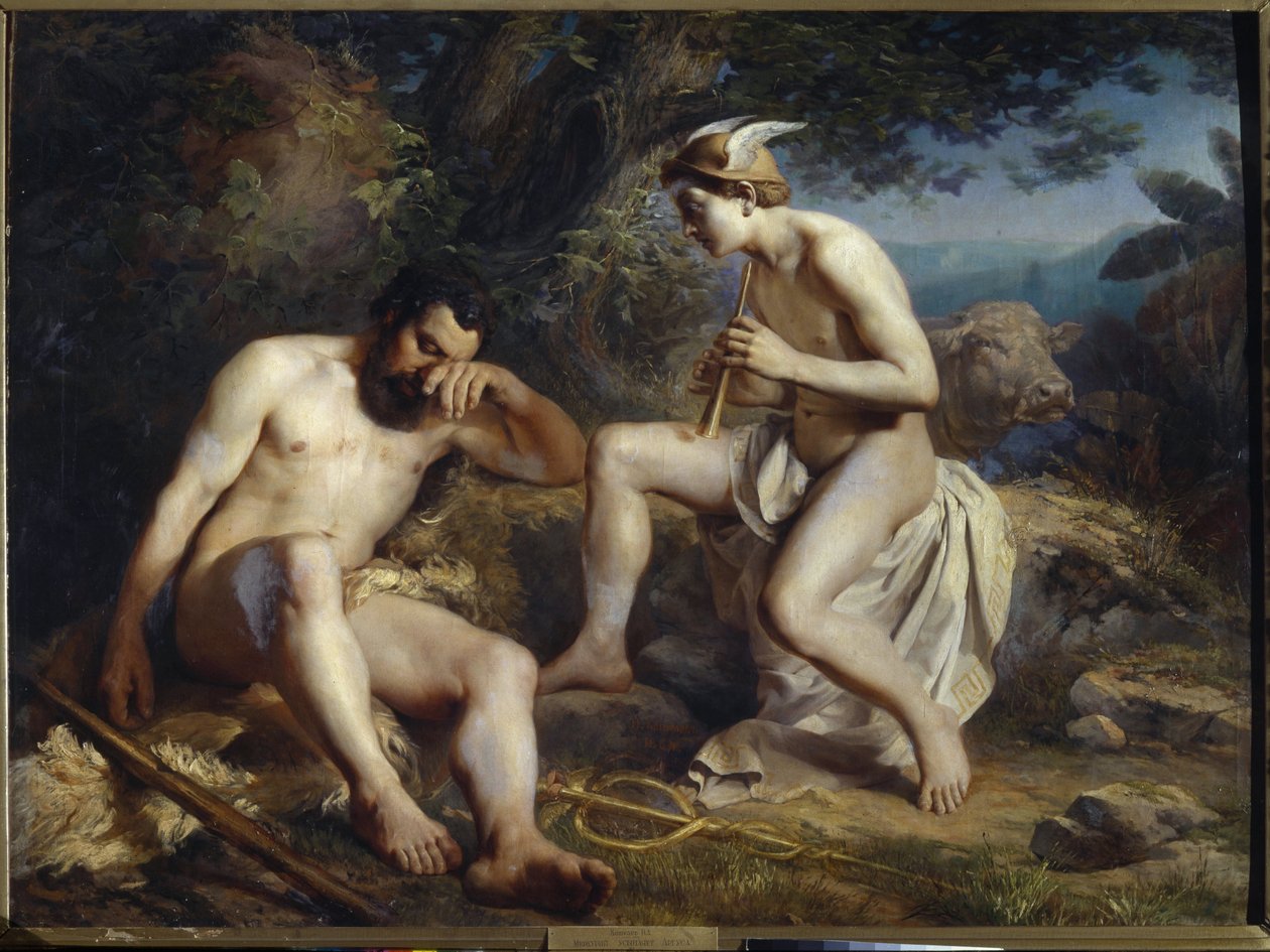 Mercury and Argus - Mercury Lulling Argus to Sleep - Koshelev, Nikolai Andreyevich (1840-1918) - 1864 - Olja på duk - 138x179 - Museum of Fine Arts Academy, St. Petersburg. St. Petersburg av Nikolay Andreyevich Koshelev