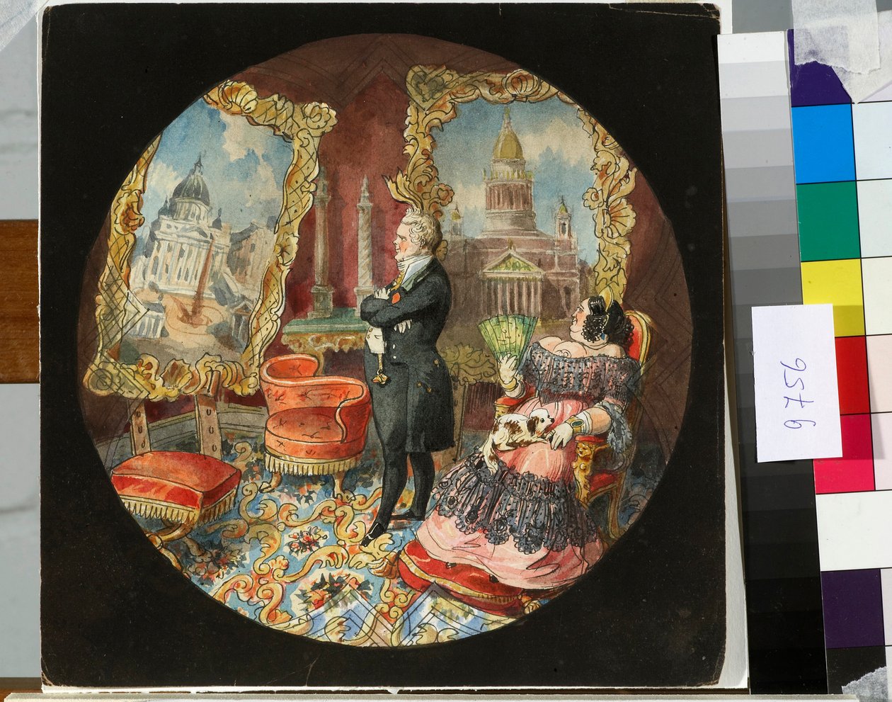 Arkitekten Auguste Ricard de Montferrand (1786-1858) och hans fru i sitt vardagsrum, överväger stolt målningar som representerar några av hans verk - Teckning av Nicolas Benois (1813-1898) av Nikolay Benois