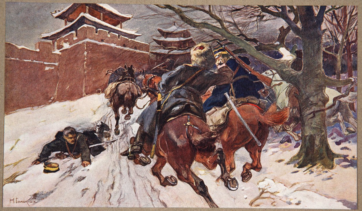 Kavalleriets engagemang i utkanten av Moukden, illustration från 