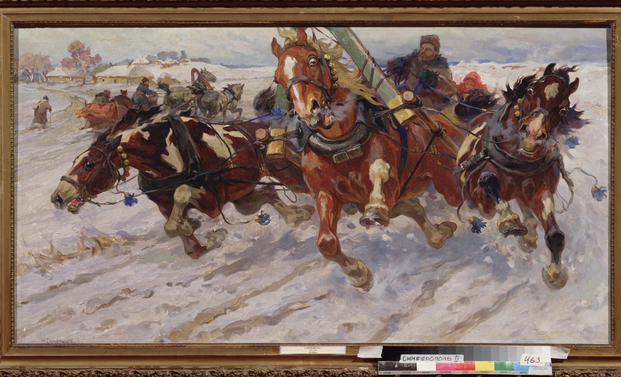 Trojka (släde med trehästslag). Målning av Nikolai Semyonovich Samokish (1860-1944), olja på duk av Nikolay Semenovich Samokish