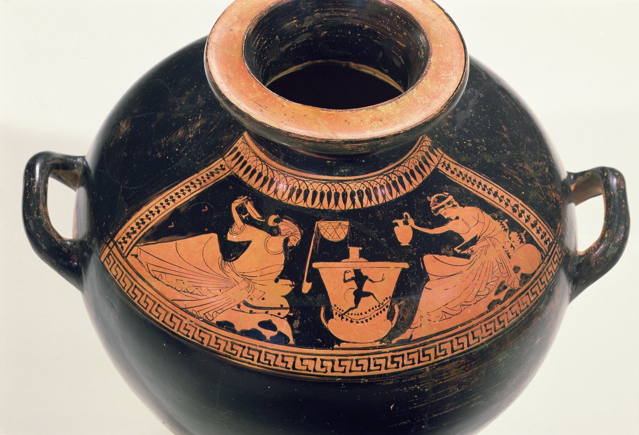 Attic Red-figur hydria föreställande en drinkscen, c.490 f.Kr. (keramik) av Nikoxenos Painter Nikoxenos Painter