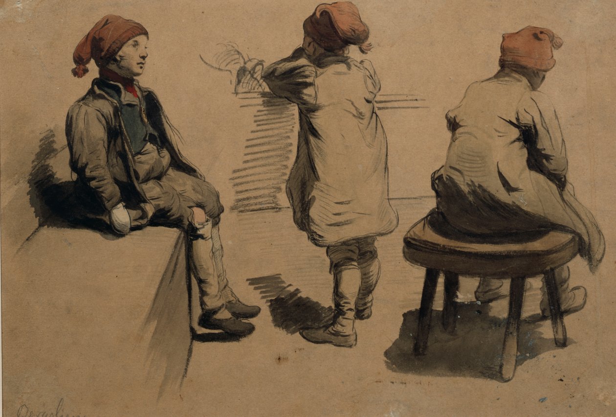 Pojkar med nissehuvor (akvarell på papper) av Nils Bergslien