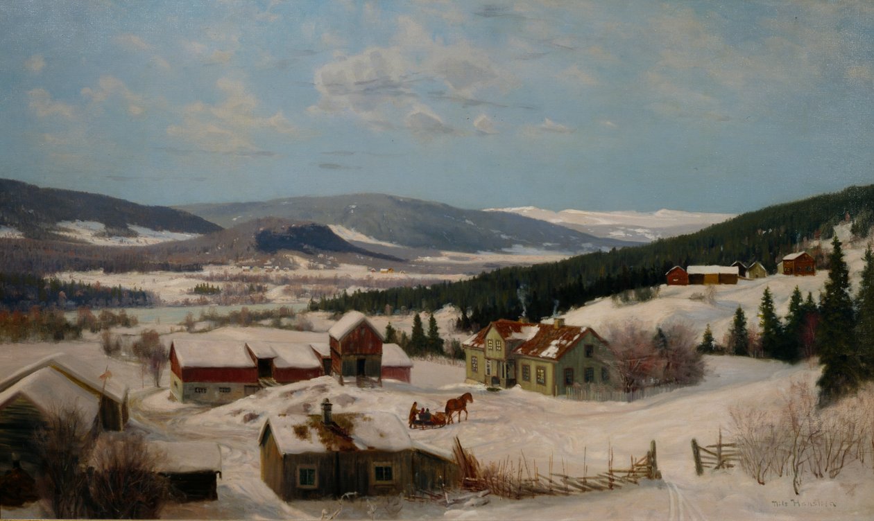 Gård i vinterlandskap (olja på duk) av Nils Hansteen