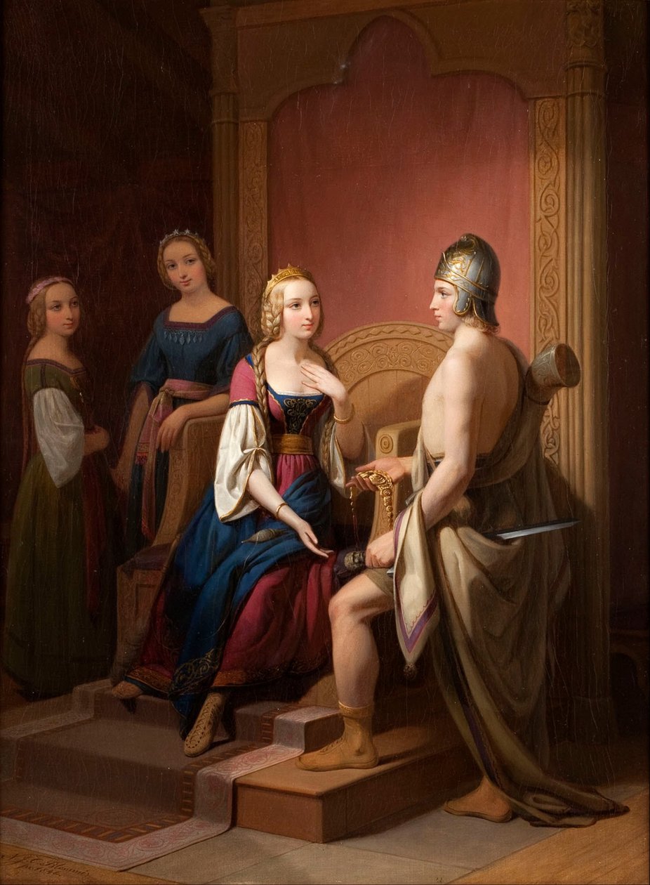 Heimdall återlämnar Brisingamen till Freja, 1846 av Nils Jakob Blommér
