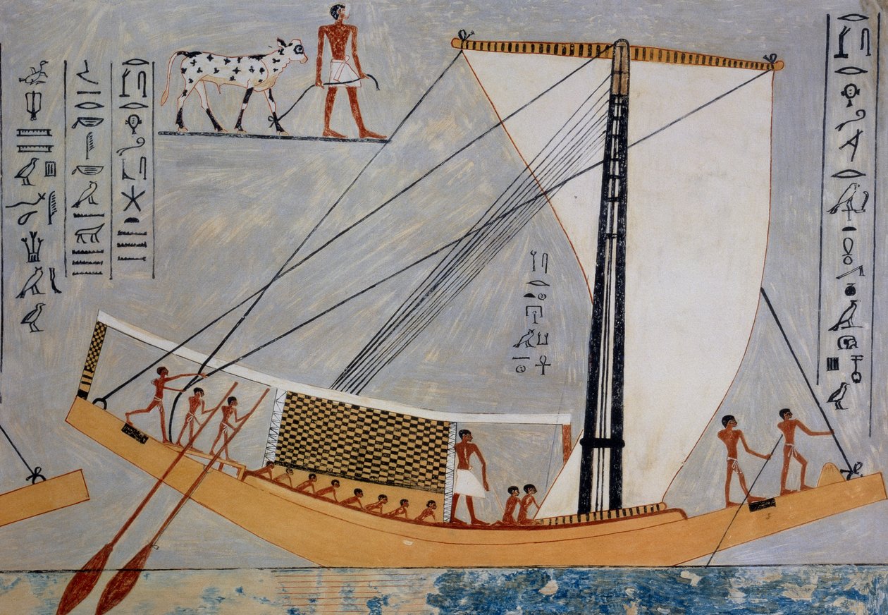 Segelbåt och åror, kopia av fresk från Kaemronkh VI:s grav, Giza, 4:e dynastin, plansch från Ancient Egyptian Paintings, av Nina Davies av Nina de Garis Davies