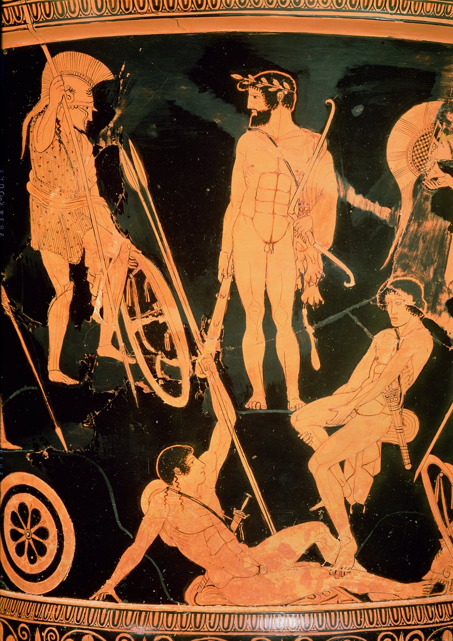 Herakles och grekiska hjältar, detalj från en attisk röd-figur calyx-krater, c.490 f.Kr. (keramik) (se även 92577 och 19106) av Niobid Painter