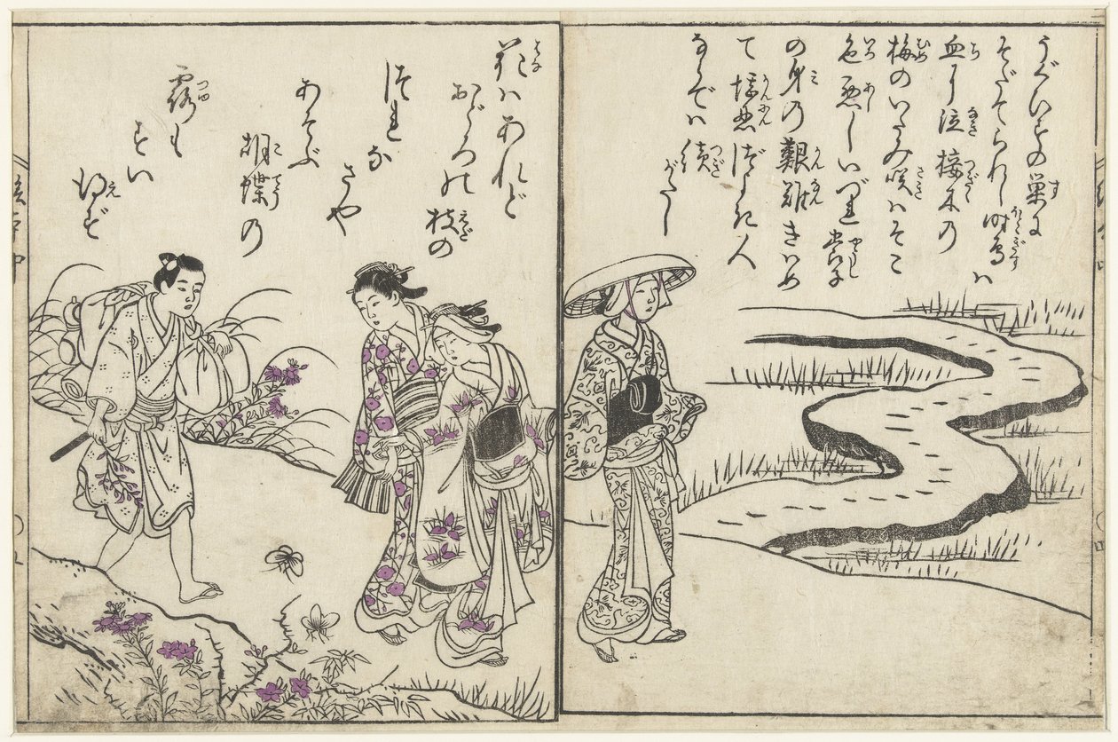 Vandrare i ett landskap med blommor av Nishikawa Sukenobu (attributed to)