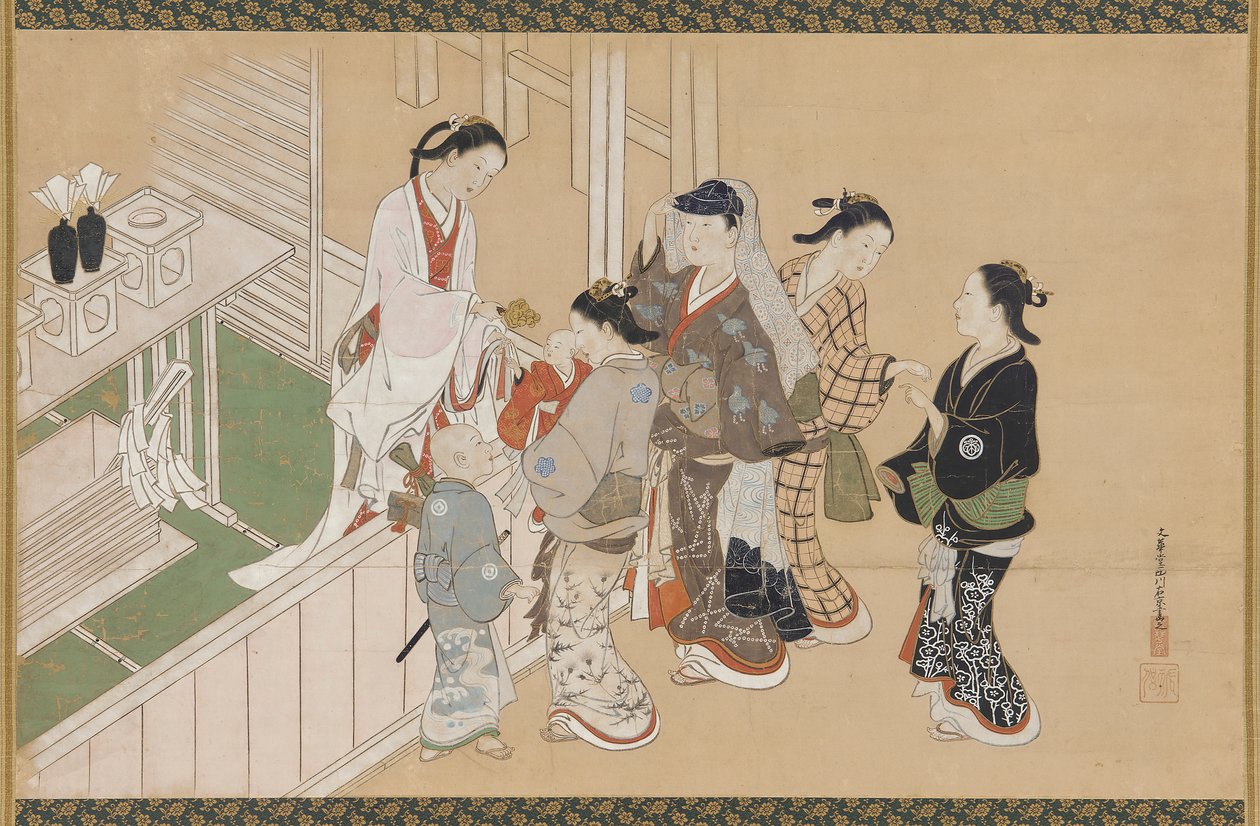 Spädbarns första besök i en Shinto-helgedom, Edo-perioden, sent 1600-tidigt 1700-tal. av Nishikawa Sukenobu