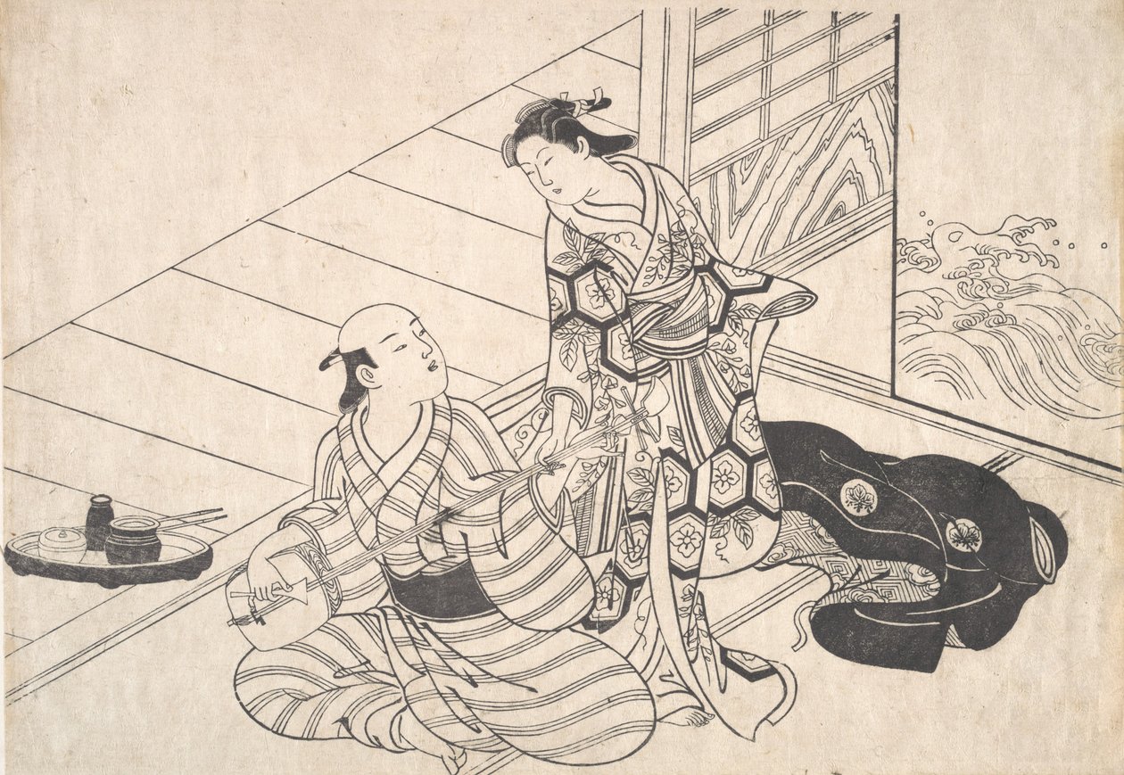 Lady avbryter sin älskare, som spelar Shamisen. av Nishikawa Sukenobu
