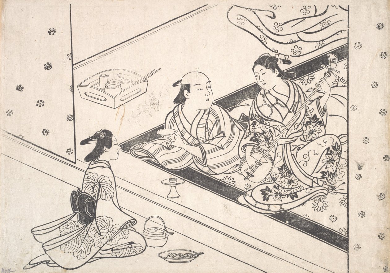 Lady Playing Shamisen, med sin älskare och skötare i närheten. av Nishikawa Sukenobu