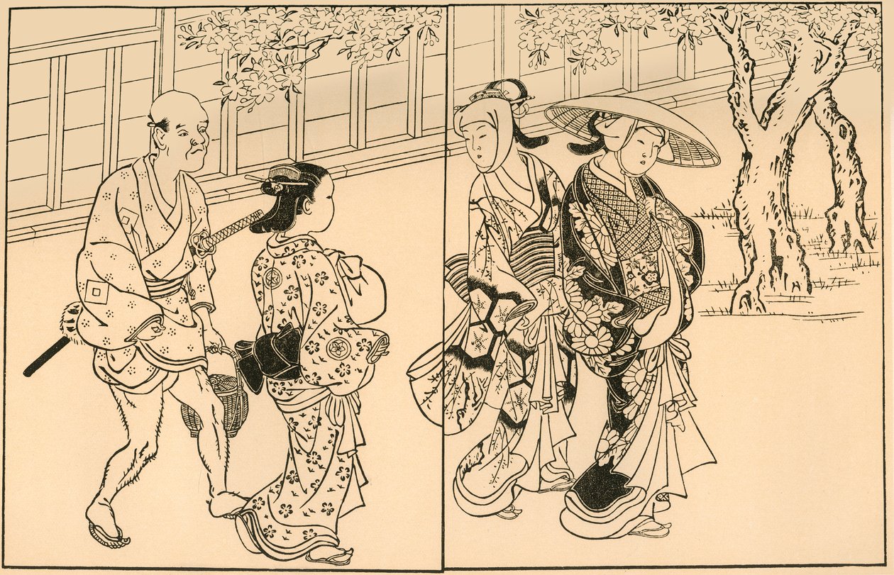 Tre kvinnor och manlig tjänare, 1730, 1924. av Nishikawa Sukenobu