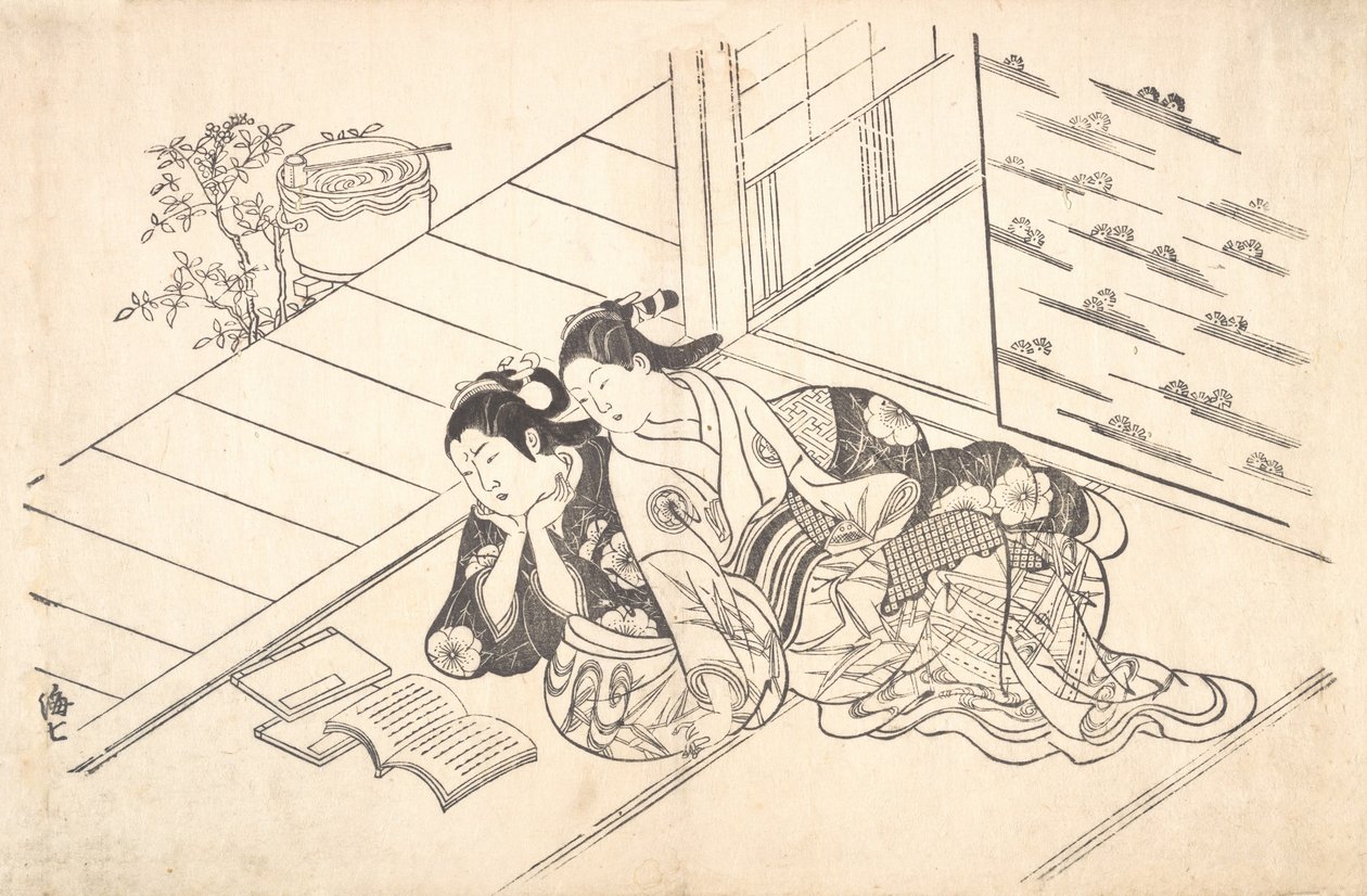 Två kvinnor som ligger på golvet i ett rum och läser en bok, ca. 1730., ca. 1730. av Nishikawa Sukenobu