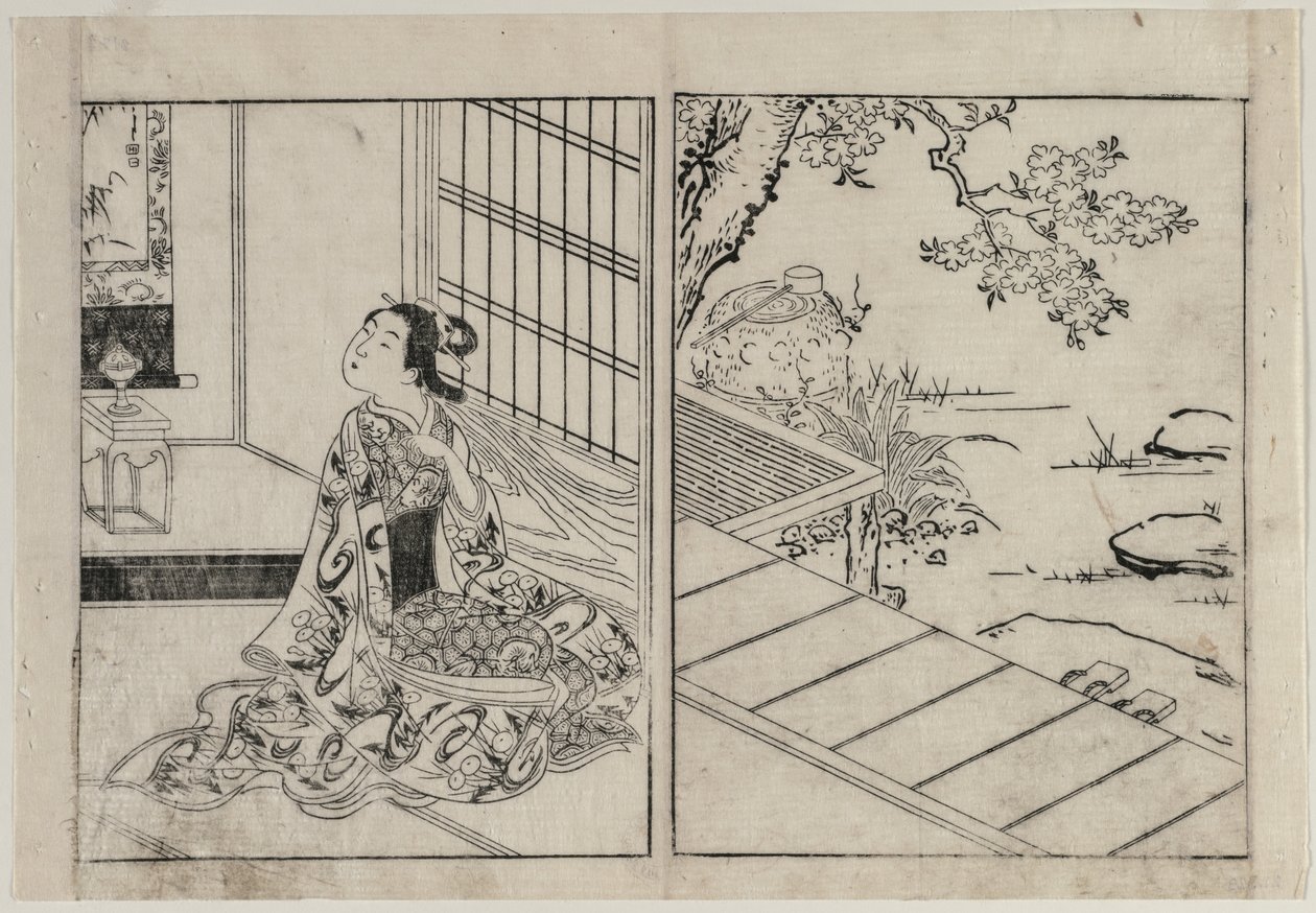 Kvinna som tittar på en hängande rulle, ca. 1740-talet. av Nishikawa Sukenobu